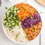 A bowl containing diced cucumber, shredded carrots, shredded purple cabbage, white rice, and salmon, garnished with chopped green onions.