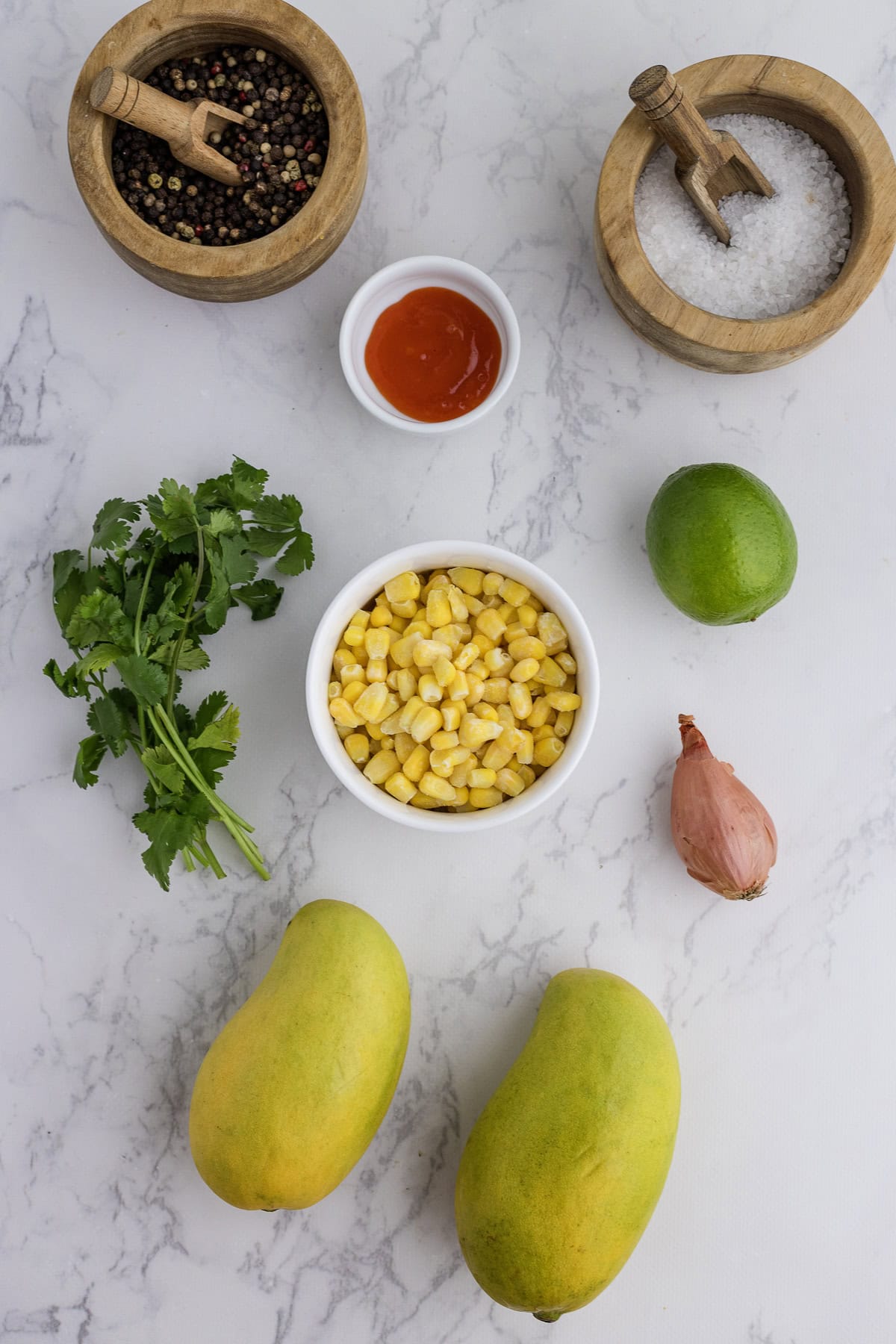 Ingredients arranged on a marble surface: black peppercorns, salt, hot sauce, cilantro, corn, lime, shallot, and two mangoes.