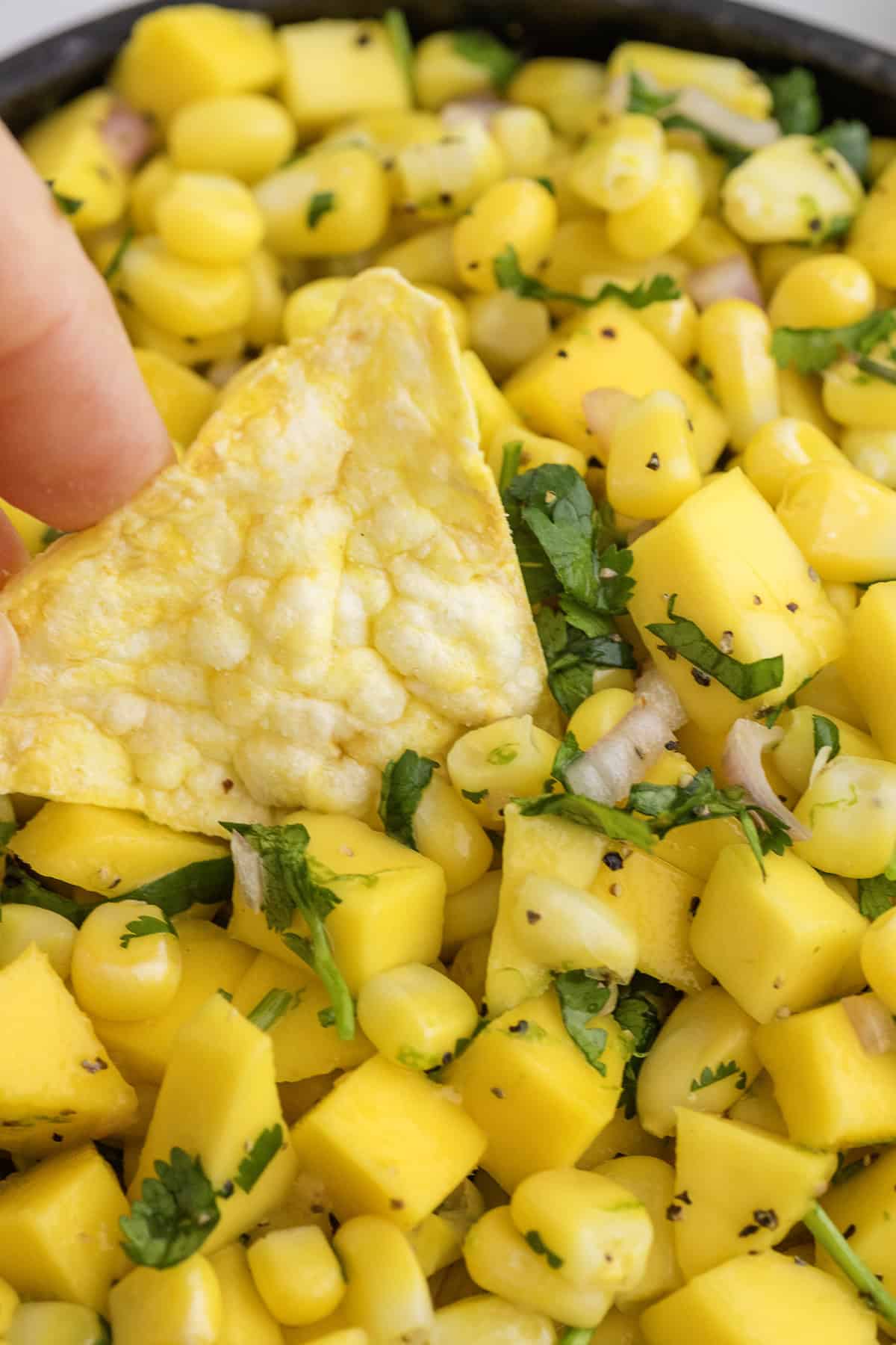 A hand dips a tortilla chip into a bowl of mango corn salsa with chopped cilantro and red onion.