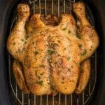 Whole roasted chicken seasoned with herbs and spices, resting on a metal rack inside a roasting pan.