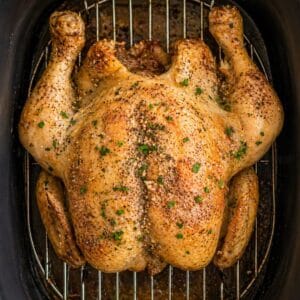 Whole roasted chicken seasoned with herbs and spices, resting on a metal rack inside a roasting pan.