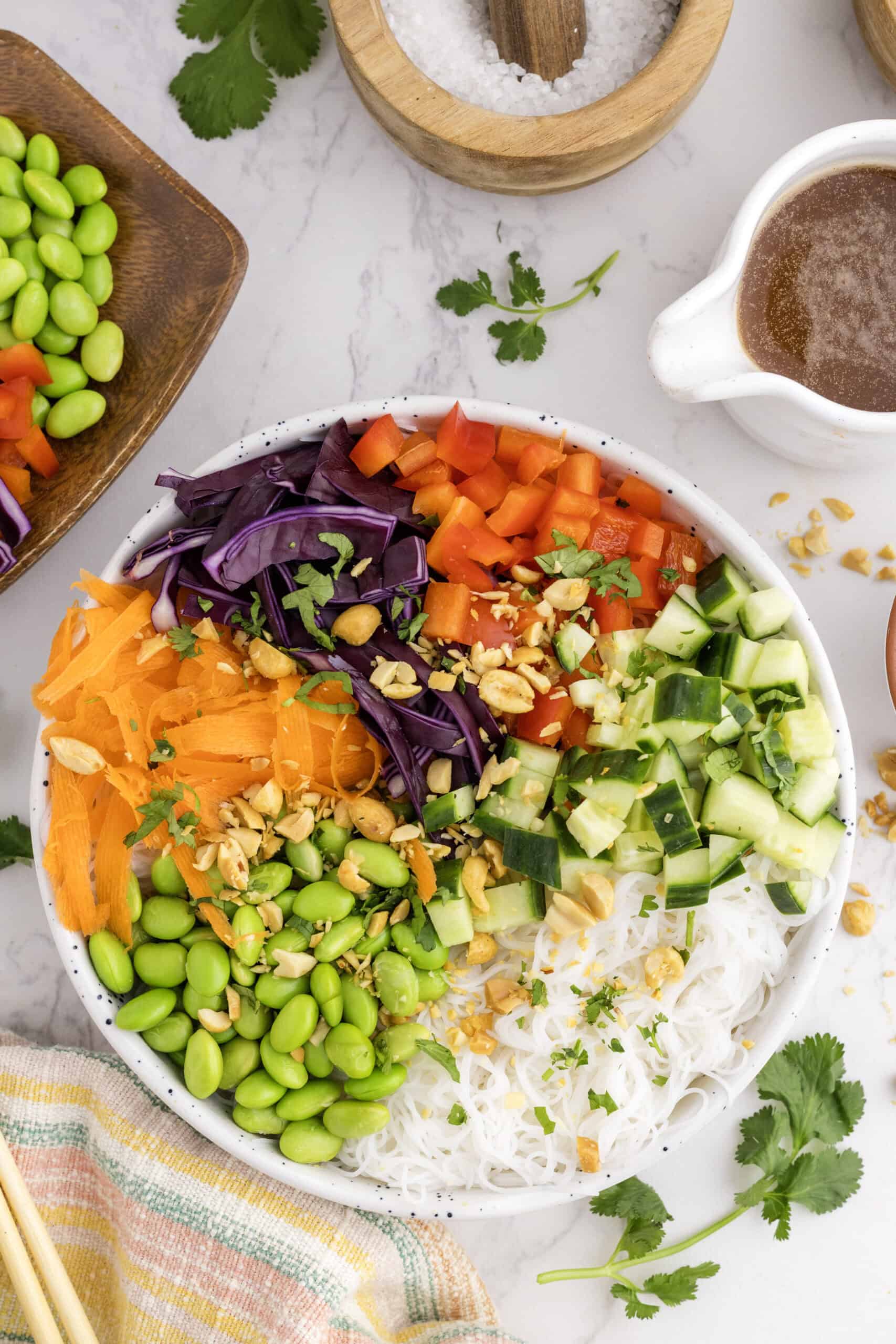 A bowl of rice noodles topped with edamame, sliced cucumber, red cabbage, red bell pepper, shredded carrot, chopped peanuts, and fresh herbs, with dressing and seasonings on the side.