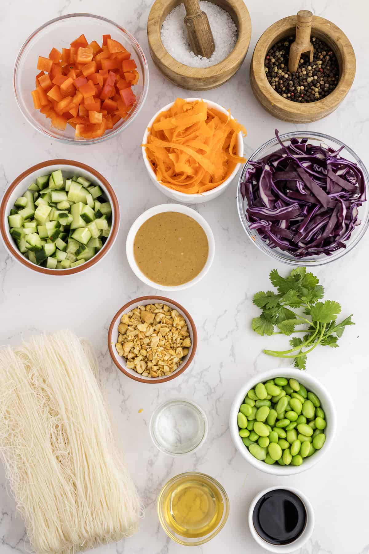 Ingredients for a noodle salad arranged on a white surface, including rice noodles, red pepper, carrot, red cabbage, cucumber, edamame, peanuts, cilantro, sauces, and seasonings.