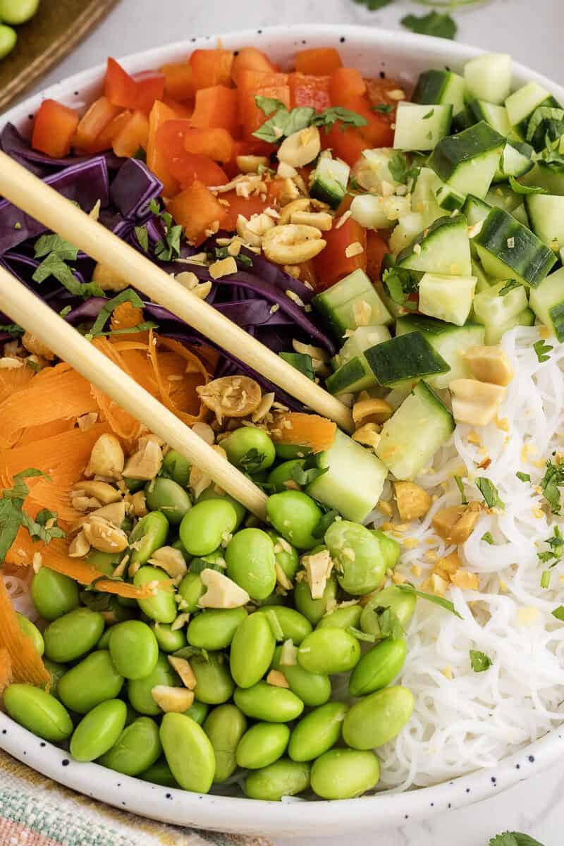 A bowl of rice noodles topped with edamame, shredded carrots, red bell peppers, cucumber, purple cabbage, and chopped peanuts, with chopsticks resting on top.