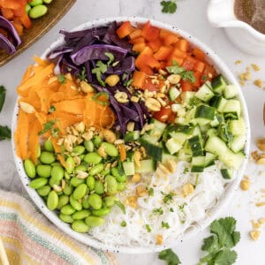 A bowl of rice noodles topped with edamame, shredded carrots, red cabbage, red bell peppers, cucumber, chopped peanuts, and fresh herbs, arranged in sections.