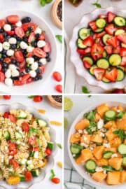 Four bowls of summer salads: caprese with berries, cucumber with strawberries, pasta with vegetables, and cantaloupe with cucumber and feta, arranged on a white surface.