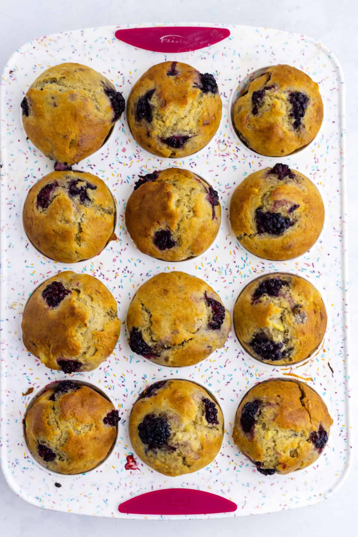 A muffin tin holds twelve golden brown blackberry muffins, each muffin showing visible berry pieces on top.