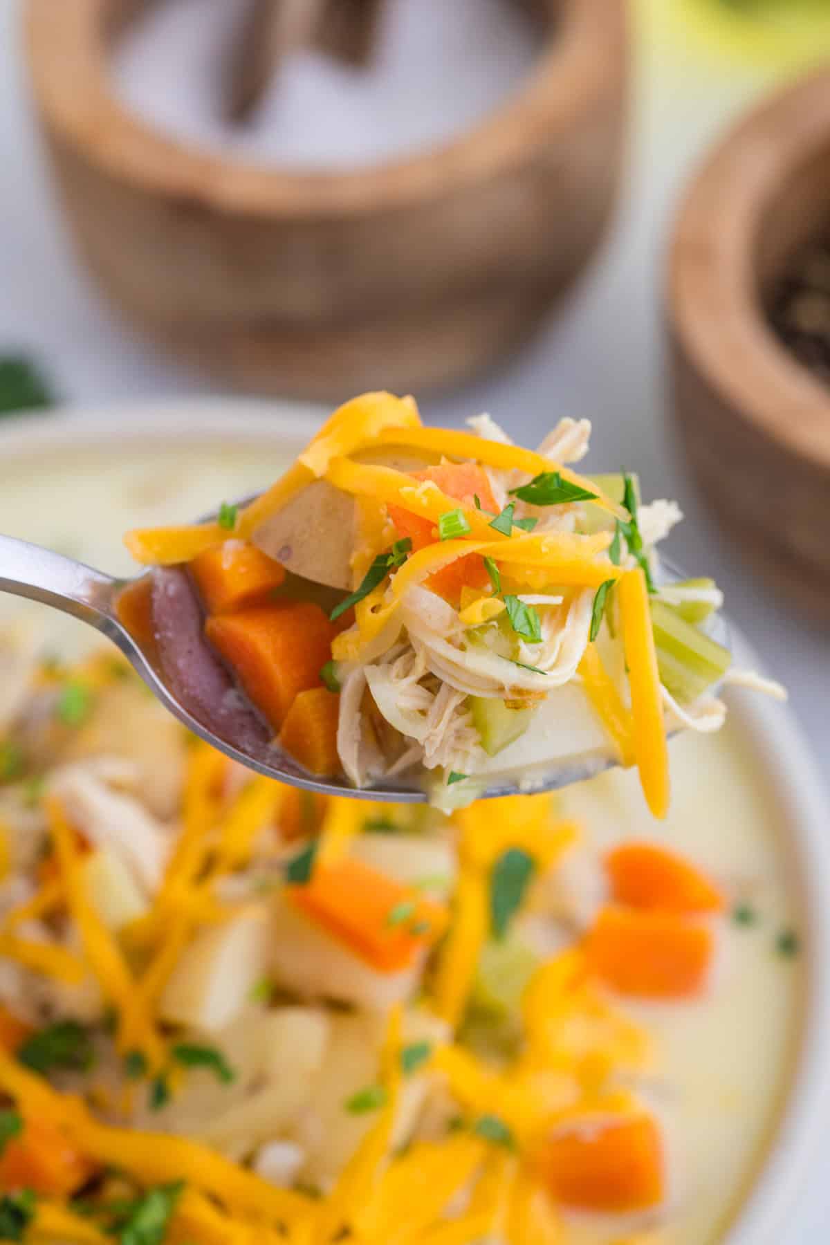 A spoonful of chicken soup with carrots, potatoes, celery, shredded cheese, and chopped herbs held over a bowl with similar ingredients.