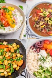 Four quadrants show: a bowl of cottage cheese with diced vegetables, a bowl of chili, a stir-fry with tofu and vegetables, and a rice bowl with chicken, veggies, and sauce.