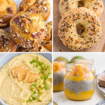 Four-square collage showing pecan muffins, everything bagels, hummus with crackers and dill, and chia pudding with mango in jars.